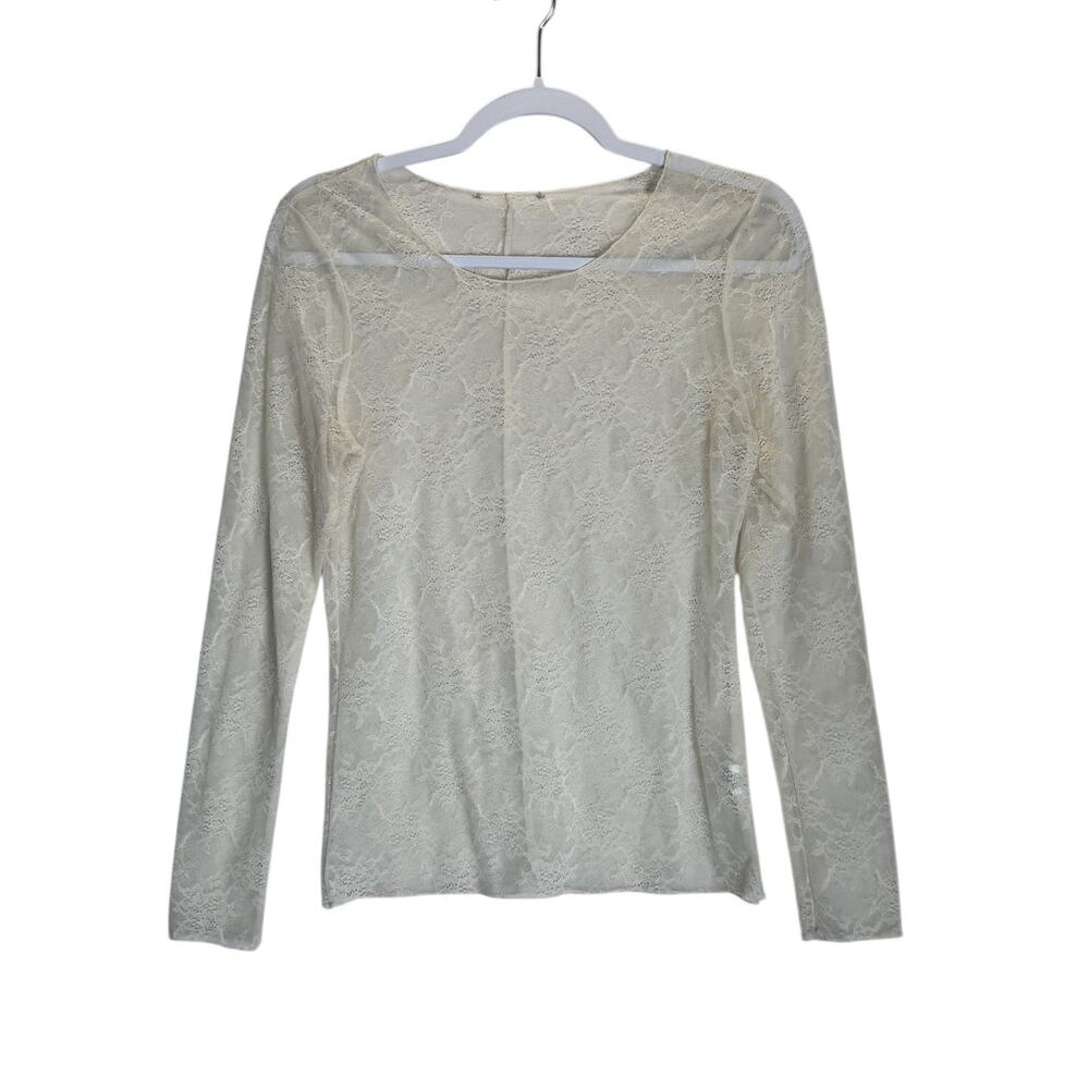 Ivory Sheer Lace Womens Top Long Sleeve Mesh Romantic Y2K Fairycore Sz Medium